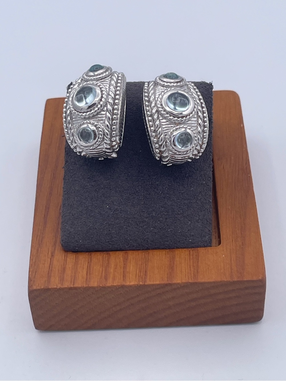 Judith Ripka Sterling Silver 925 Aquamarine Omega Back J-Hoop Earrings Heavy - Picture 7 of 8